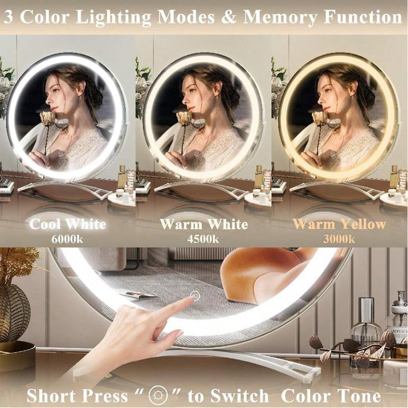 Rechargeable Lighted Vanity Mirror 16 Inch Round Tabletop Mirror with Adjustable LED Brightness Dimmable 360 Rotation for Makeup Skincare Be