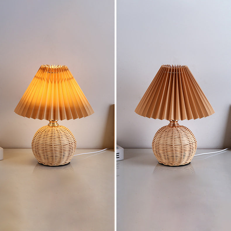 Nordic Rattan Table Lamp with Fabric Shade, USB Powered & Infinitely Dimmable LED Light for Bedroom, Living Room, Study
