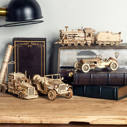 3D Timber Assembly Kit Interlocking Brain Teaser for Adults Desktop Display Model Collectible Hobbyist Project Vehicle Locomotive Automobile