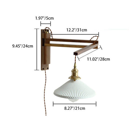 Applique murale articulée en bois avec abat-jour en verre nervuré – Lampe de lecture réglable pour chambre, couloir et salon au style moderne et Japandi