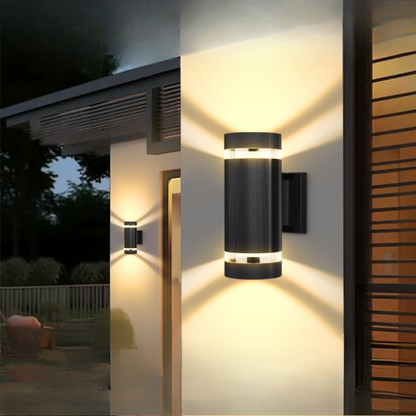 Exterior Sconce with Dual-Beam Illumination – Weatherproof Cylindrical Fixture for Entryways, Patios & Gardens – E27 Socket, IP65 Rating, Bl