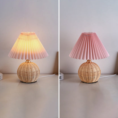 Nordic Rattan Table Lamp with Fabric Shade, USB Powered & Infinitely Dimmable LED Light for Bedroom, Living Room, Study