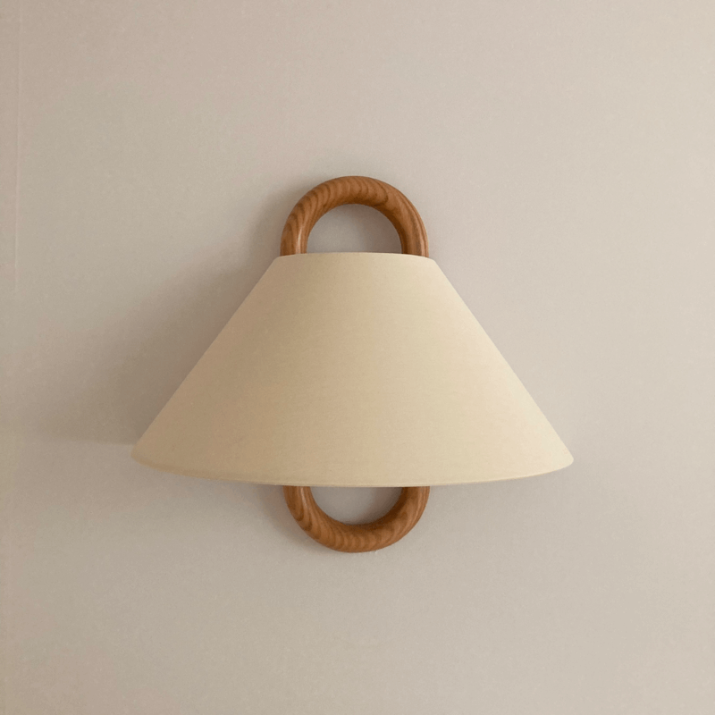 Fabric Half-Moon Wall Sconce with Natural Wood Backplate for Bedroom & Living Room