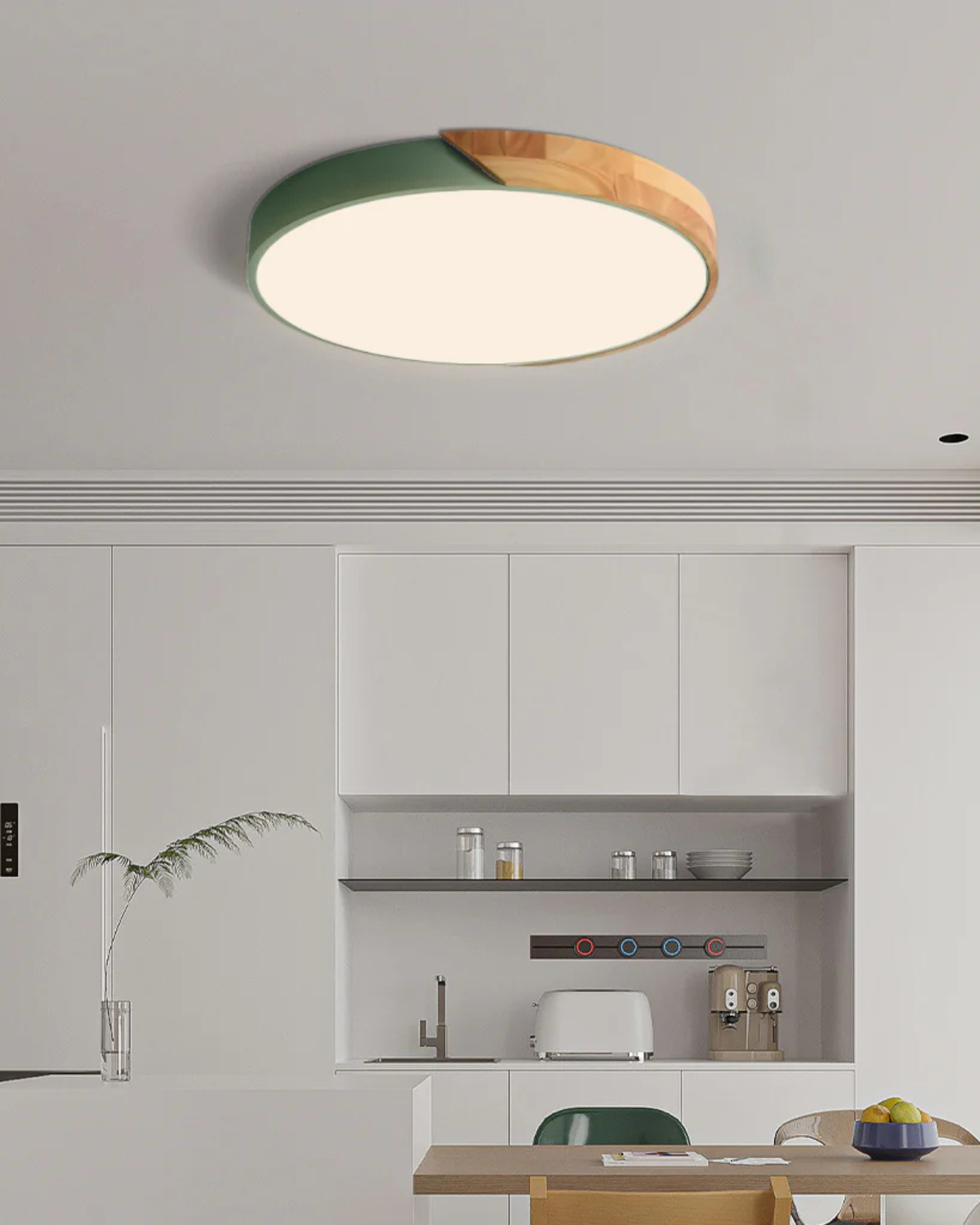 Round Flush Mount Ceiling Light with Wood Accent and Integrated LED – Modern Low Profile Fixture in 9, 12, 16, 20, and 24 inch Sizes for Liv