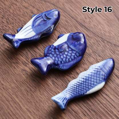 Porcelain Utensil Holders with Animal and Fruit Designs for Asian Dining – Set of 3 Decorative Tabletop Rests