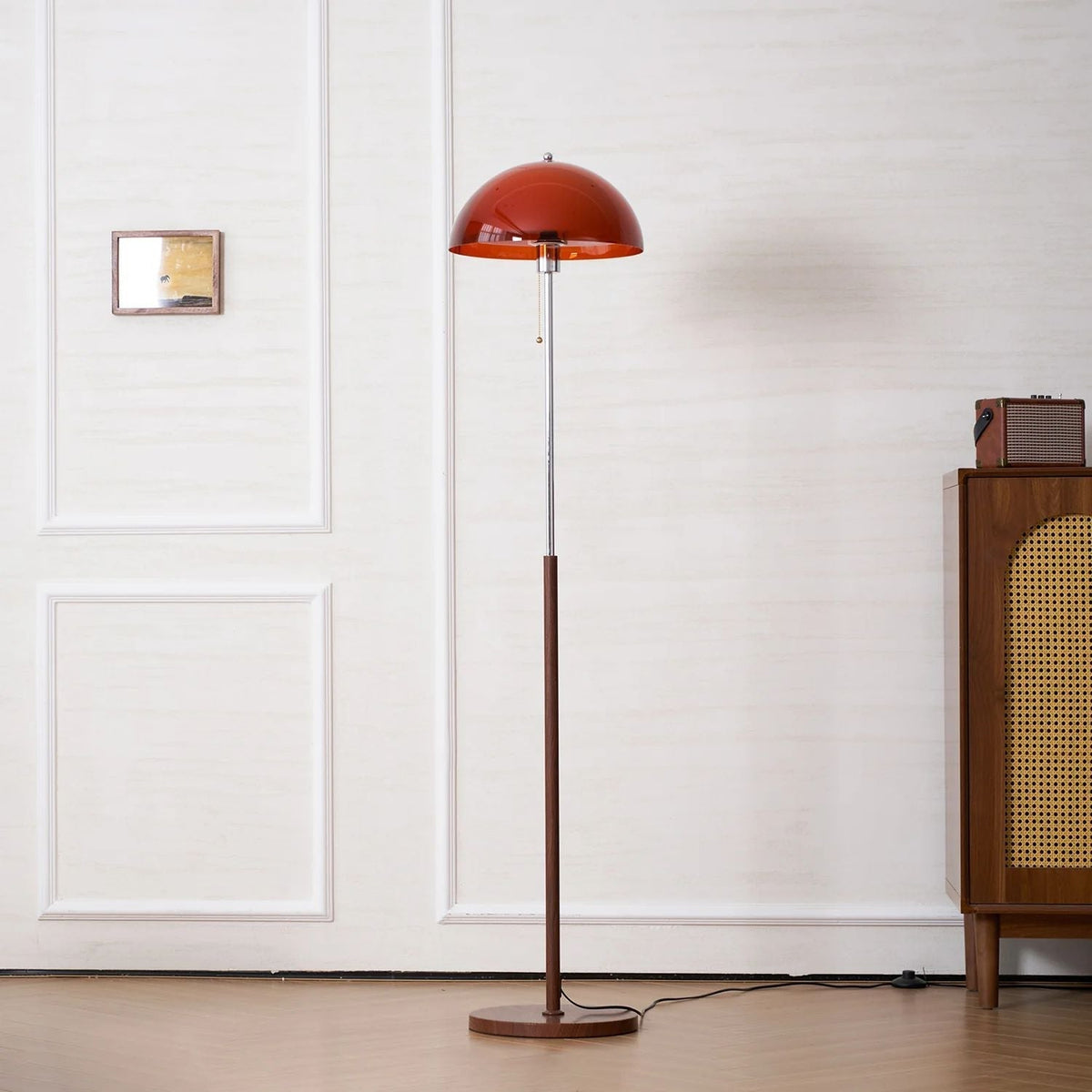 Tall Arched Standing Lamp with Translucent Dome Shade 63 Inches for Living Space Reading Corner Retro Mid-Century Accent Lighting Walnut Woo
