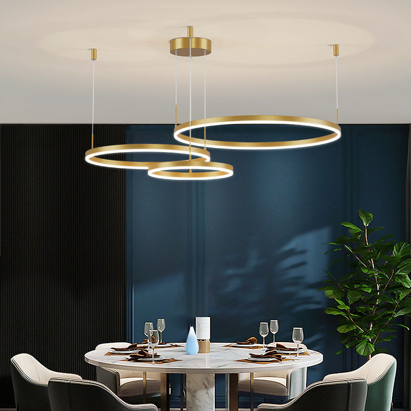 Multi-Ring LED Chandelier Adjustable Height Metal Acrylic Fixture 16-31 Inch Diameter Dimmable Suspended Ceiling Light for Dining Room Kitch