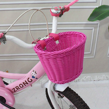 Kids Bike Front or Rear Carrier Basket in Pink Plastic Woven Design for Handlebars or Rack Storage Holder for School Trips Toys Snacks