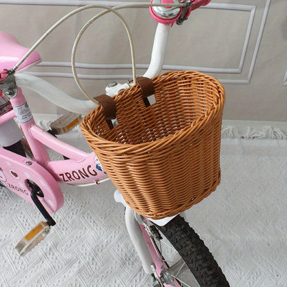 Kids Bike Front or Rear Carrier Basket in Pink Plastic Woven Design for Handlebars or Rack Storage Holder for School Trips Toys Snacks