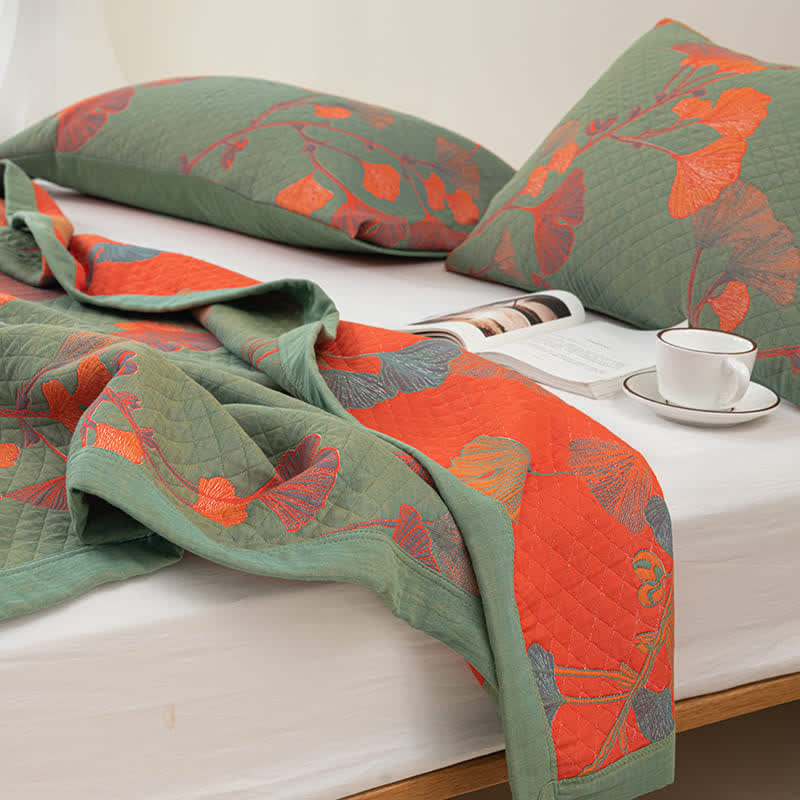 Reversible Cotton Quilt Ginkgo Leaf Design All-Season Bedspread Lightweight Throw Blanket for Bedroom Sofa Couch Travel Comfort
