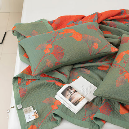 Reversible Cotton Quilt Ginkgo Leaf Design All-Season Bedspread Lightweight Throw Blanket for Bedroom Sofa Couch Travel Comfort