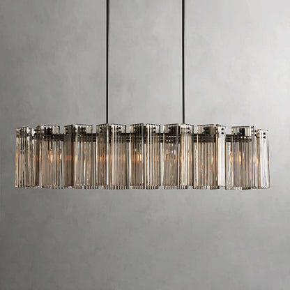 Oval Glass Panel Chandelier with Metal Frame 4-17 Lights Adjustable Height for Dining Room & Entryway