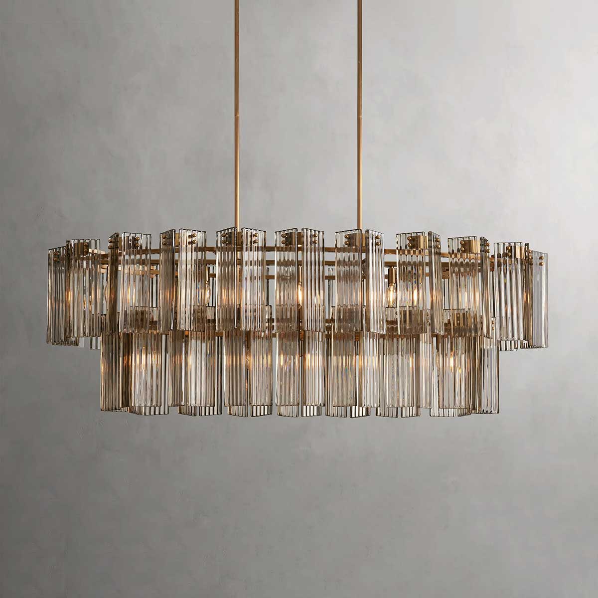 Oval Glass Panel Chandelier with Metal Frame 4-17 Lights Adjustable Height for Dining Room & Entryway