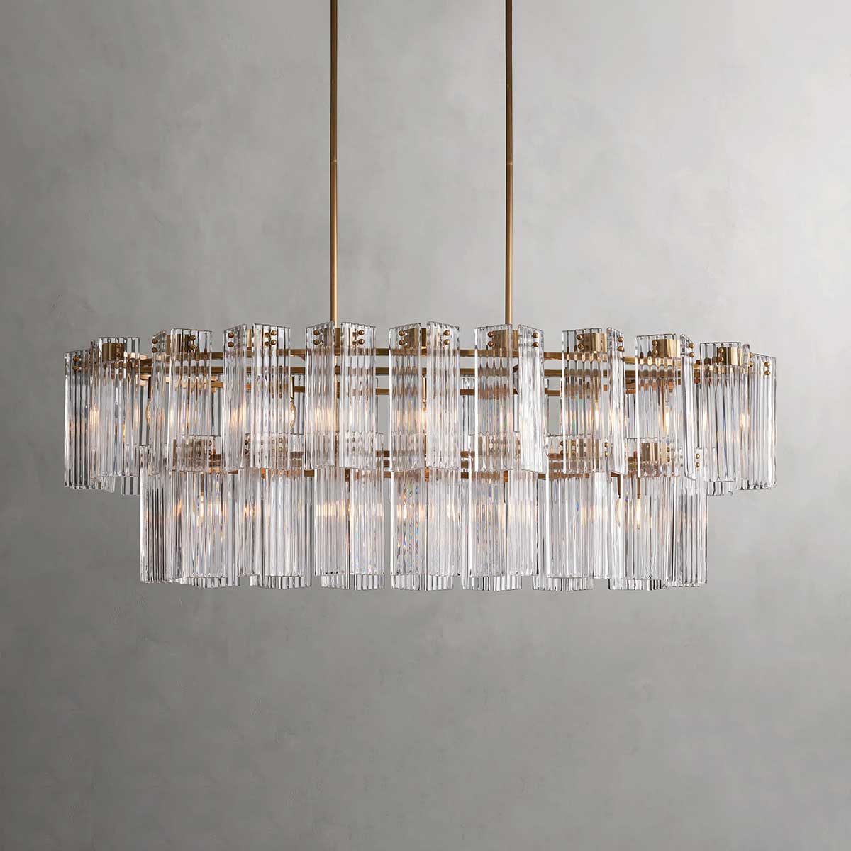 Oval Glass Panel Chandelier with Metal Frame 4-17 Lights Adjustable Height for Dining Room & Entryway