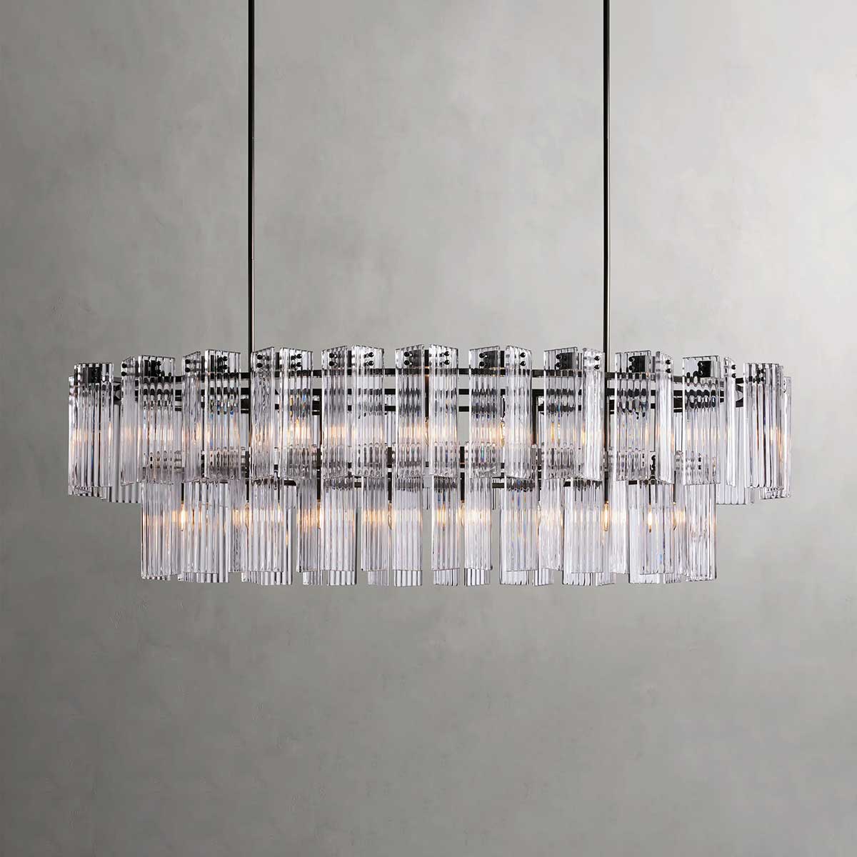 Oval Glass Panel Chandelier with Metal Frame 4-17 Lights Adjustable Height for Dining Room & Entryway