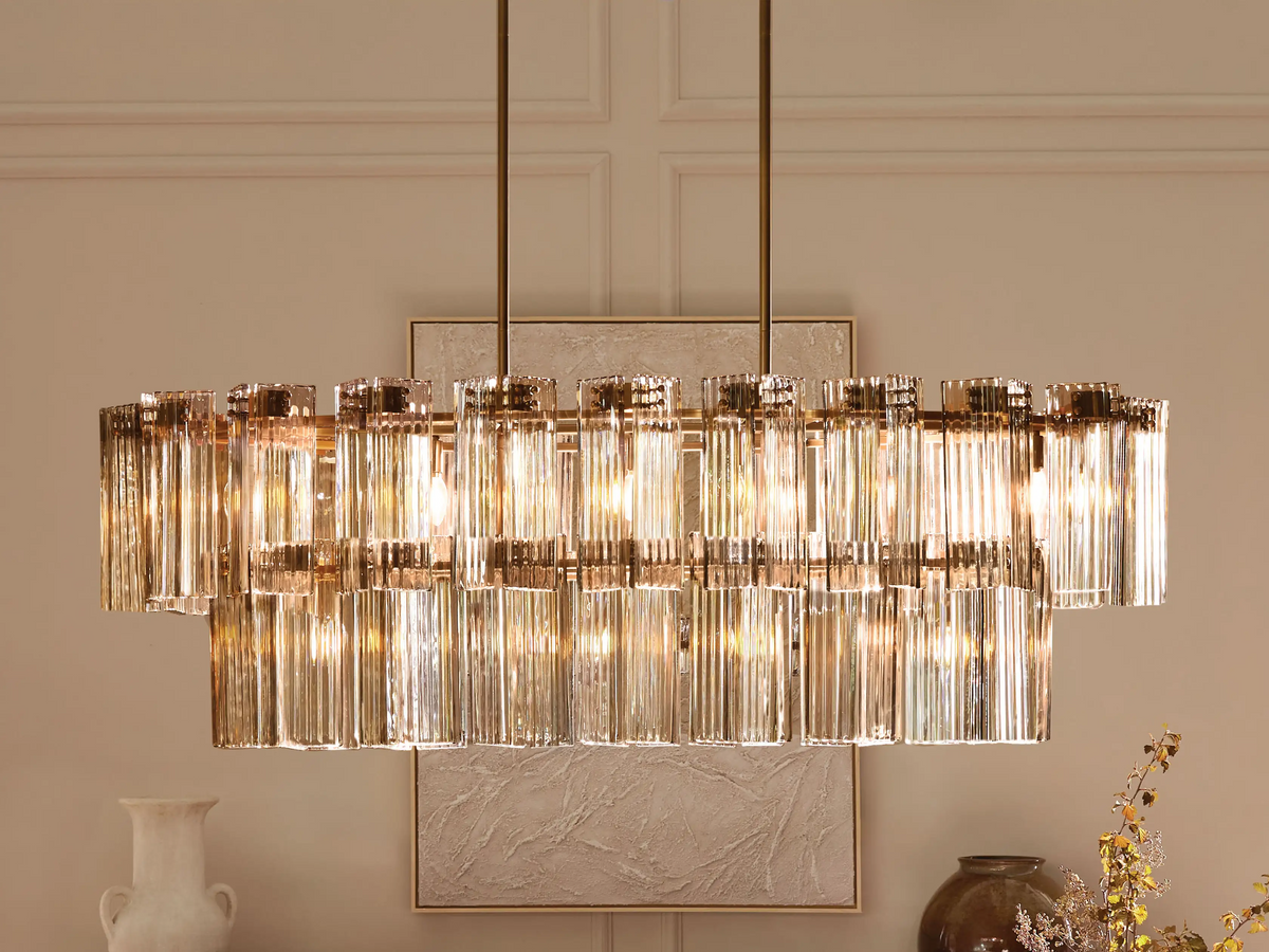 Oval Glass Panel Chandelier with Metal Frame 4-17 Lights Adjustable Height for Dining Room & Entryway