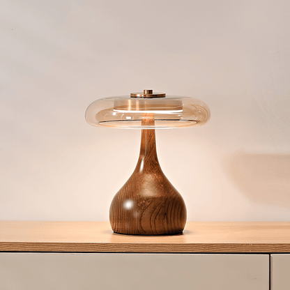 LED Desk Lamp with Amber Glass Shade & Natural Wood Base for Home Office, Bedroom & Nightstand | Adjustable Color Temperature 3000K-6000K