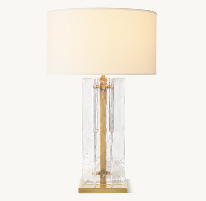Geometric Cast Glass Table Lamp with Linen Shade for Bedroom Living Room | Mid-Century Modern Bedside Lighting