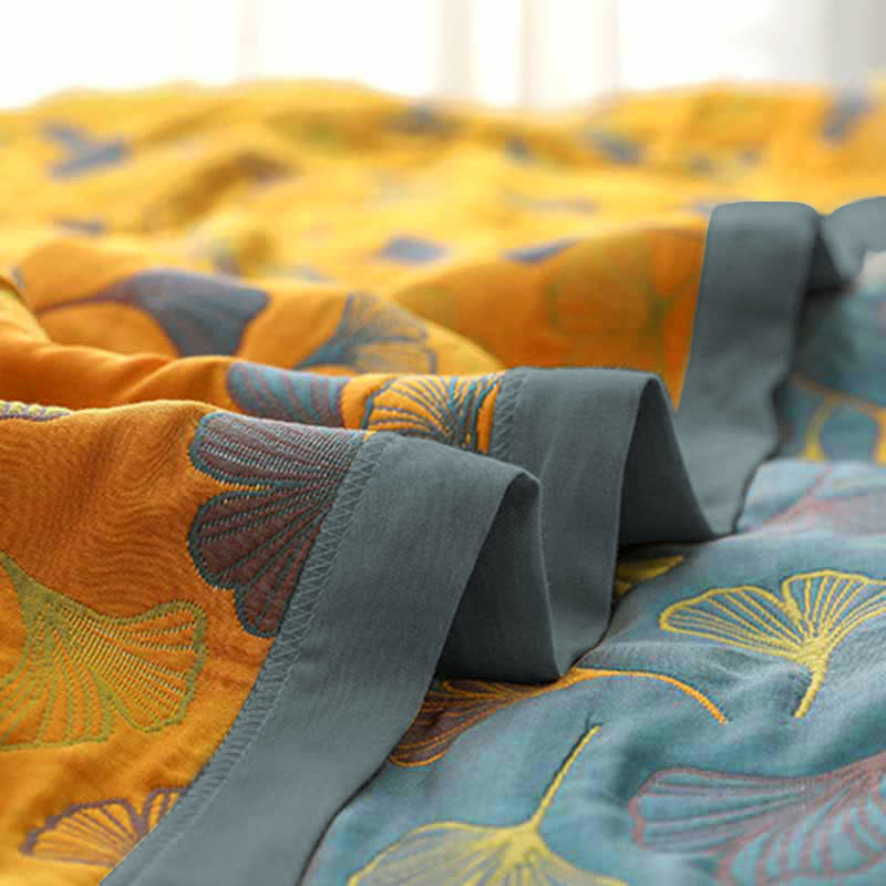 Reversible Cotton Quilt Ginkgo Leaf Botanical Print Bedspread Comforter Coverlet for Bedroom Decor Queen King Full Size Soft Breathable