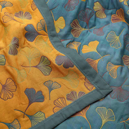 Reversible Cotton Quilt Ginkgo Leaf Botanical Print Bedspread Comforter Coverlet for Bedroom Decor Queen King Full Size Soft Breathable
