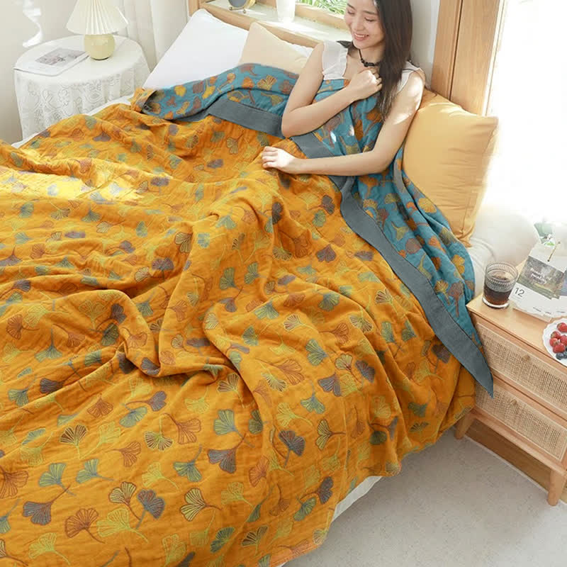 Reversible Cotton Quilt Ginkgo Leaf Botanical Print Bedspread Comforter Coverlet for Bedroom Decor Queen King Full Size Soft Breathable