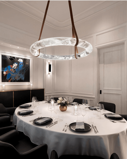 LED Ring Ceiling Fixture in Alabaster Stone – Adjustable Halo Chandelier for Open Dining Areas, Great Rooms & Hospitality – 47 in Circle Sus
