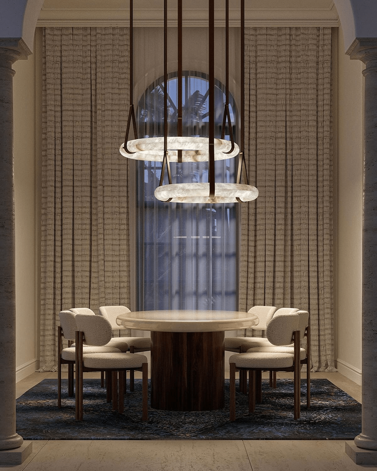 LED Ring Ceiling Fixture in Alabaster Stone – Adjustable Halo Chandelier for Open Dining Areas, Great Rooms & Hospitality – 47 in Circle Sus