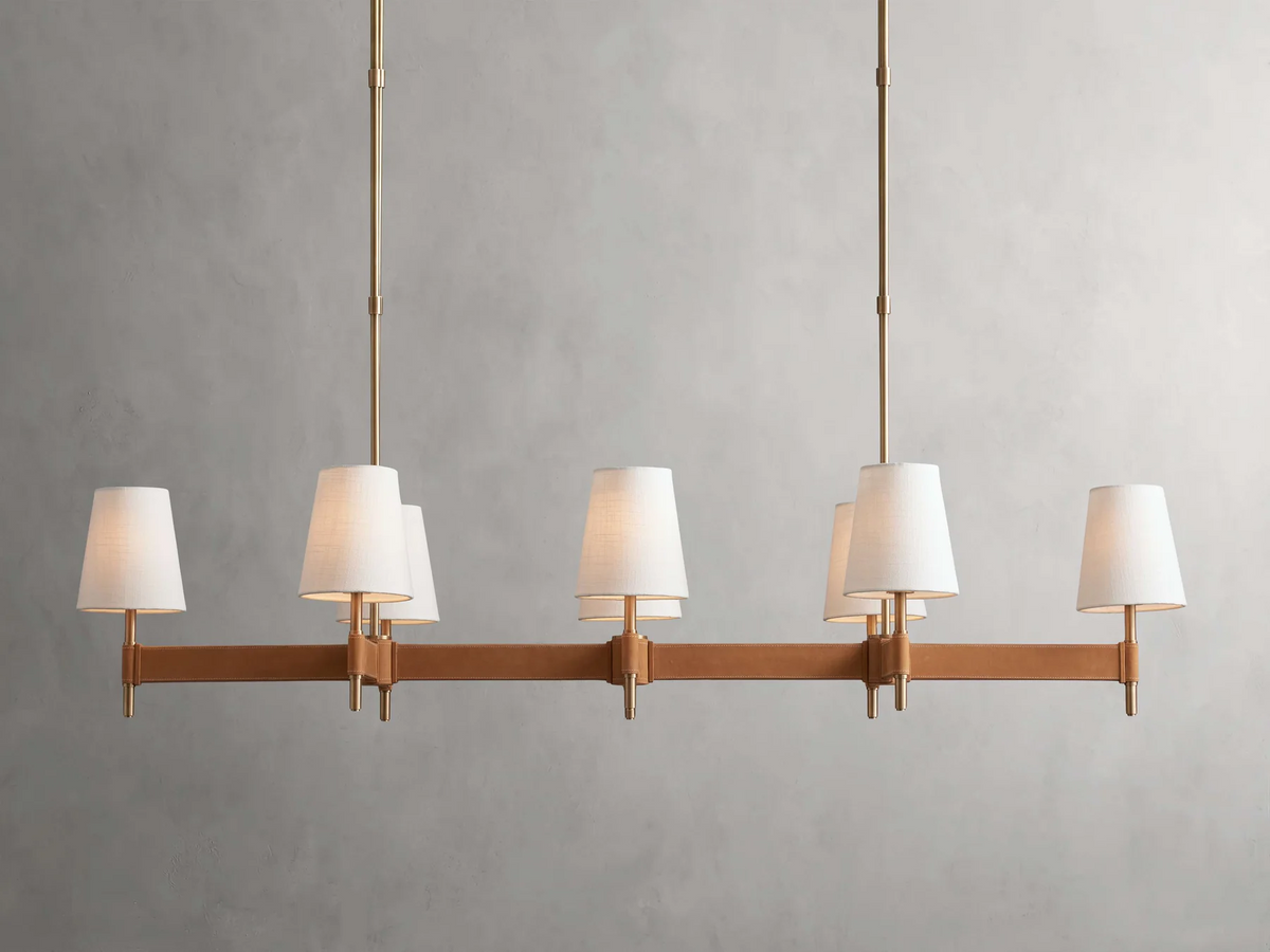 Linear Chandelier 6-10 Lights Antiqued Brass Leather Accent White Linen Shade Adjustable Height Dining Room Kitchen Island