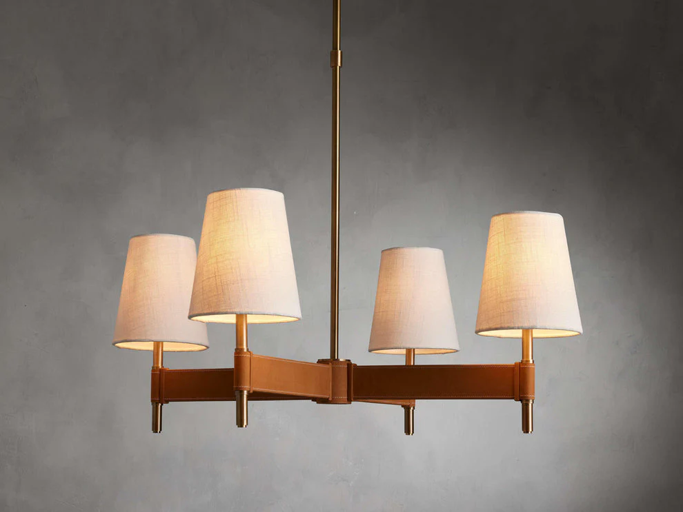 Circular Brass Chandelier with Fabric Shades – 4 to 10 Lights for Dining Room, Living Room & Foyer – Vintage Metal Frame