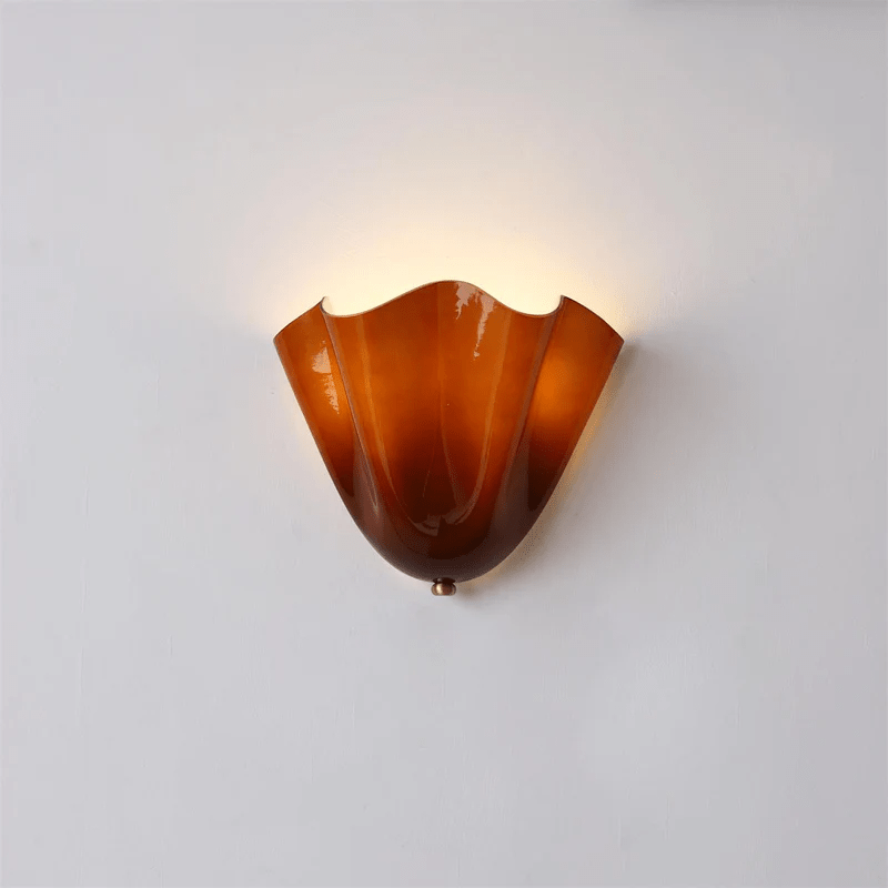 Indoor Sconce with Sculptural Glass Shade in Warm Tones – Metal Frame LED-Compatible – Wall-Mounted Accent for Bedrooms Hallways Living Spac