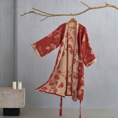 Women's Japanese-Style Cotton Gauze Robe with Oversized Botanical Print | Lightweight Kimono Wrap for Loungewear & Sleepwear