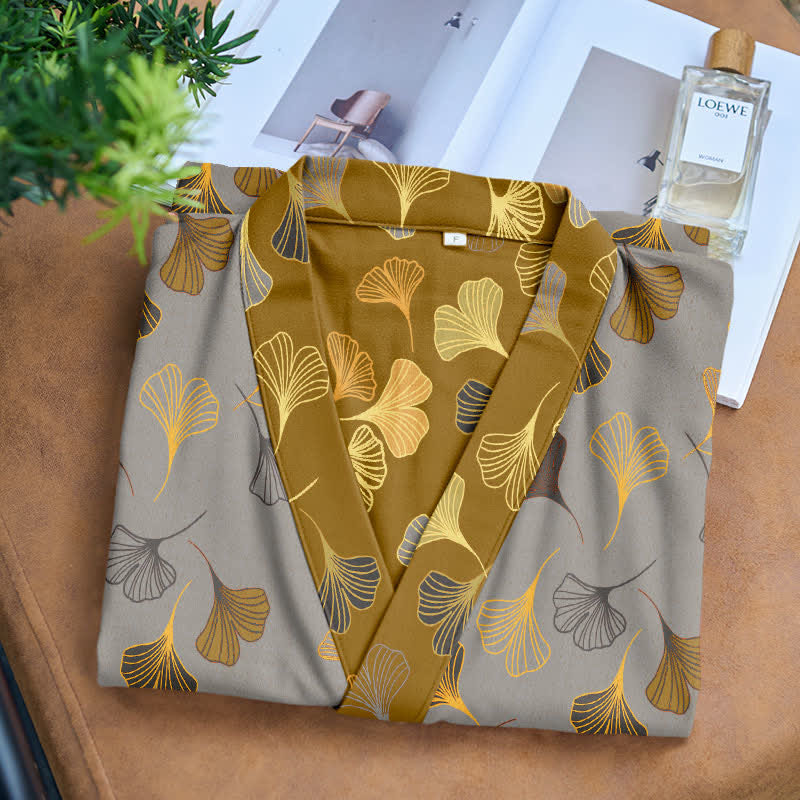 Cotton Gauze Kimono Robe Women Men Lightweight Bathrobe Ginkgo Leaf Pattern Unisex Loungewear Spa Wrap Housecoat Sleepwear Quick-Dry