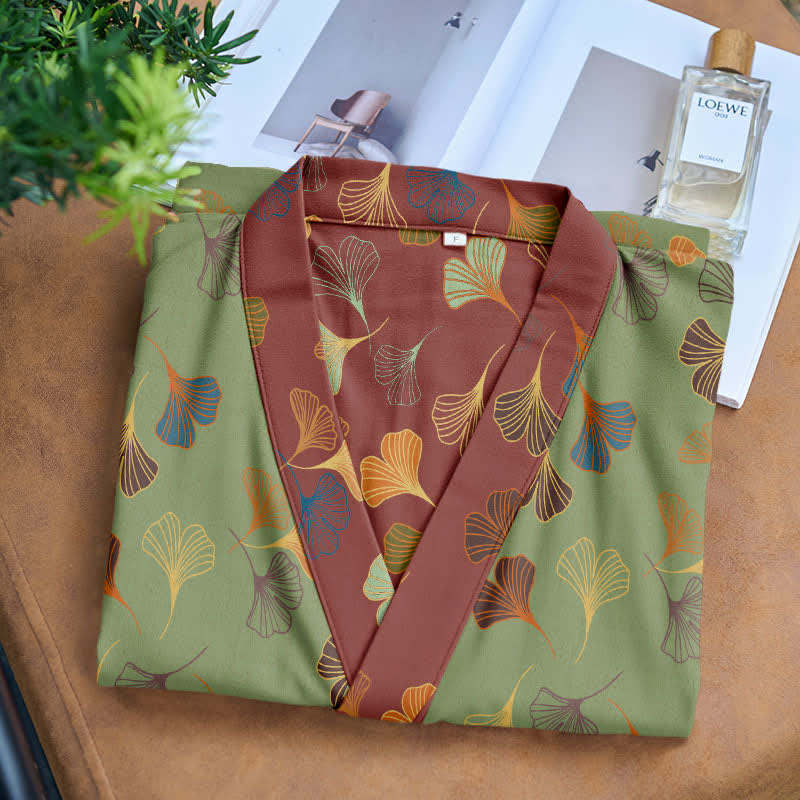 Cotton Gauze Kimono Robe Women Men Lightweight Bathrobe Ginkgo Leaf Pattern Unisex Loungewear Spa Wrap Housecoat Sleepwear Quick-Dry