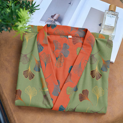 Cotton Gauze Kimono Robe Women Men Lightweight Bathrobe Ginkgo Leaf Pattern Unisex Loungewear Spa Wrap Housecoat Sleepwear Quick-Dry