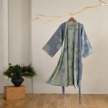 Reversible Cotton Kimono Robe with Ginkgo Leaf Print for Women - Lightweight Spa Bathrobe with Belt & Dual-Tone Design