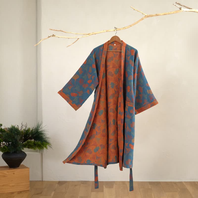Cotton Gauze Kimono Robe Women Men Lightweight Bathrobe Ginkgo Leaf Pattern Unisex Loungewear Spa Wrap Housecoat Sleepwear Quick-Dry