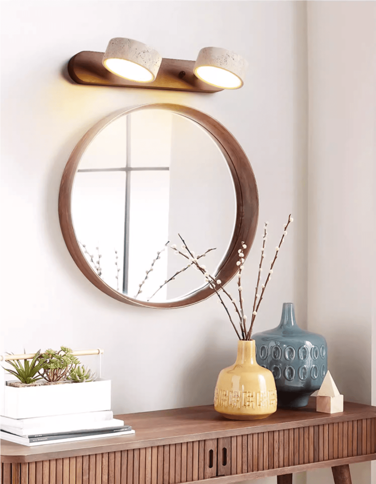 Natural Stone Wall Sconce with Integrated LED 2-Light Hardwired Fixture Wood Accent Lighting for Bedroom Hallway Living Room Indoor Ambient