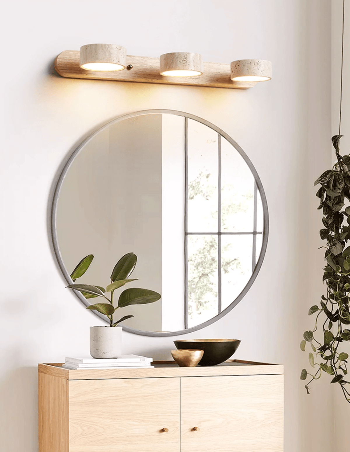 Natural Stone Wall Sconce with Integrated LED 2-Light Hardwired Fixture Wood Accent Lighting for Bedroom Hallway Living Room Indoor Ambient