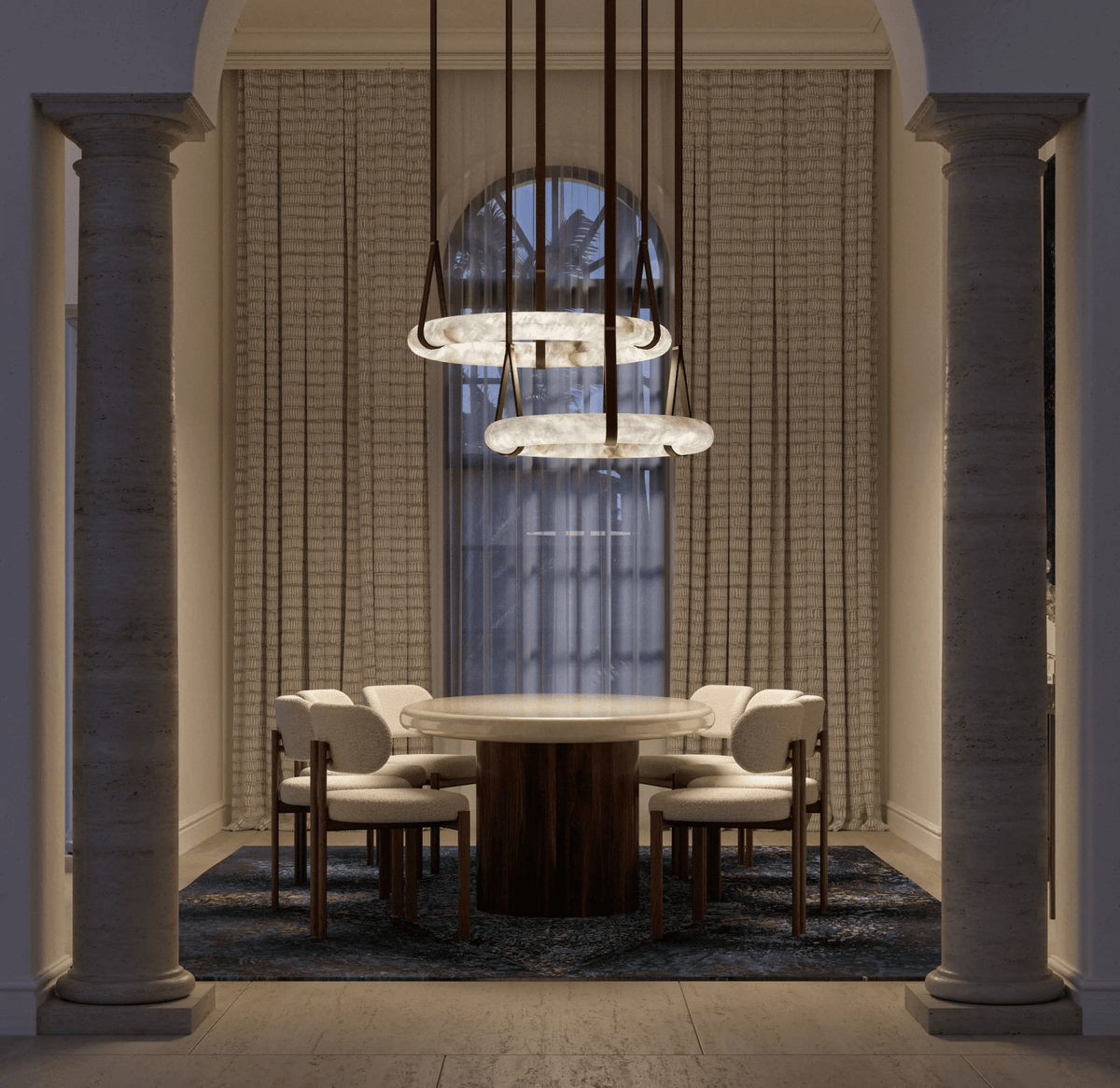 LED Ring Ceiling Fixture in Alabaster Stone – Adjustable Halo Chandelier for Open Dining Areas, Great Rooms & Hospitality – 47 in Circle Sus