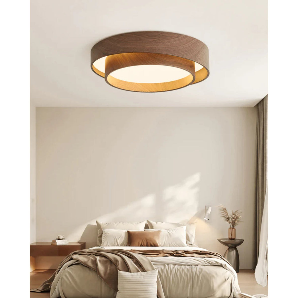 Plafonnier LED encastré finition noyer pour chambre, salon et salle à manger, éclairage plafonnier d'ambiance discret, style minimaliste contemporain