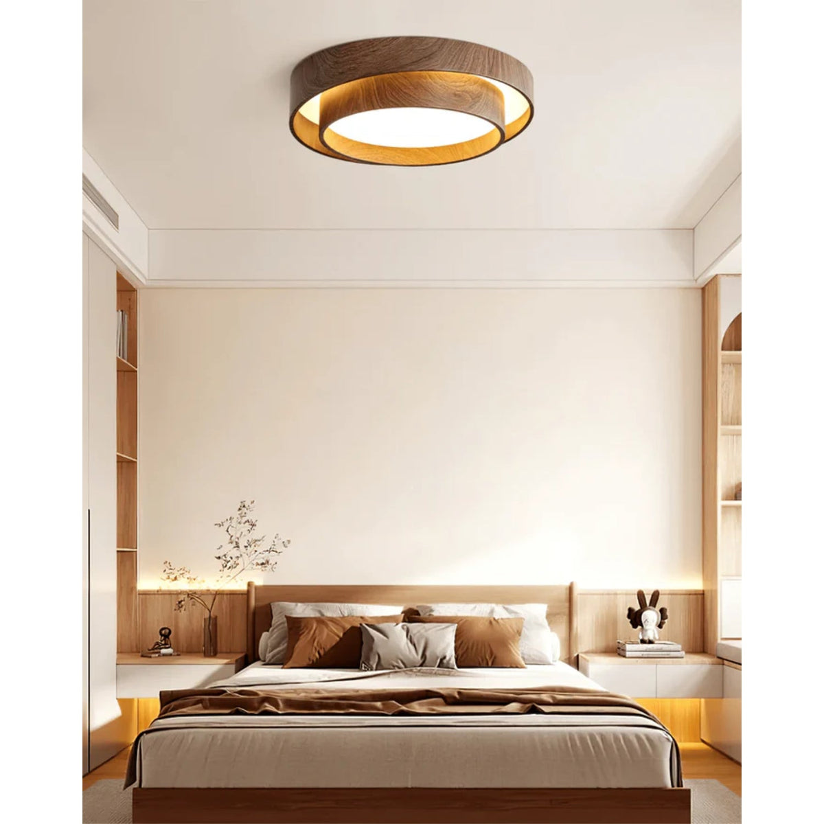 Plafonnier LED encastré finition noyer pour chambre, salon et salle à manger, éclairage plafonnier d'ambiance discret, style minimaliste contemporain