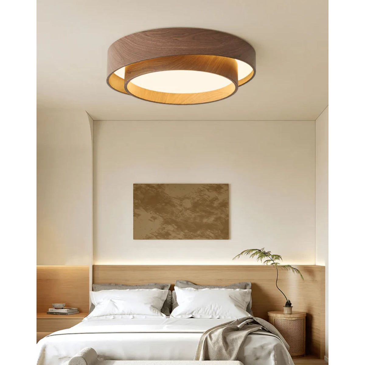 Plafonnier LED encastré finition noyer pour chambre, salon et salle à manger, éclairage plafonnier d'ambiance discret, style minimaliste contemporain