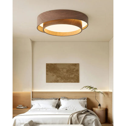 Plafonnier LED encastré finition noyer pour chambre, salon et salle à manger, éclairage plafonnier d'ambiance discret, style minimaliste contemporain