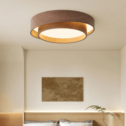 Plafonnier LED encastré finition noyer pour chambre, salon et salle à manger, éclairage plafonnier d'ambiance discret, style minimaliste contemporain