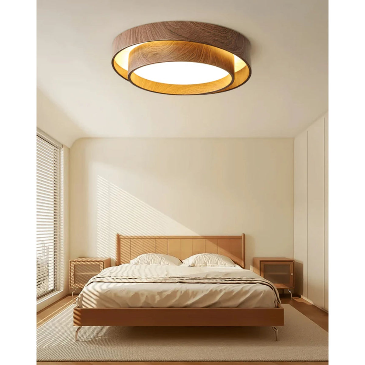 Plafonnier LED encastré finition noyer pour chambre, salon et salle à manger, éclairage plafonnier d'ambiance discret, style minimaliste contemporain