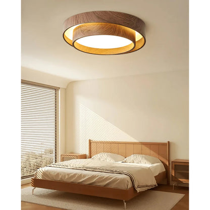 Plafonnier LED encastré finition noyer pour chambre, salon et salle à manger, éclairage plafonnier d'ambiance discret, style minimaliste contemporain