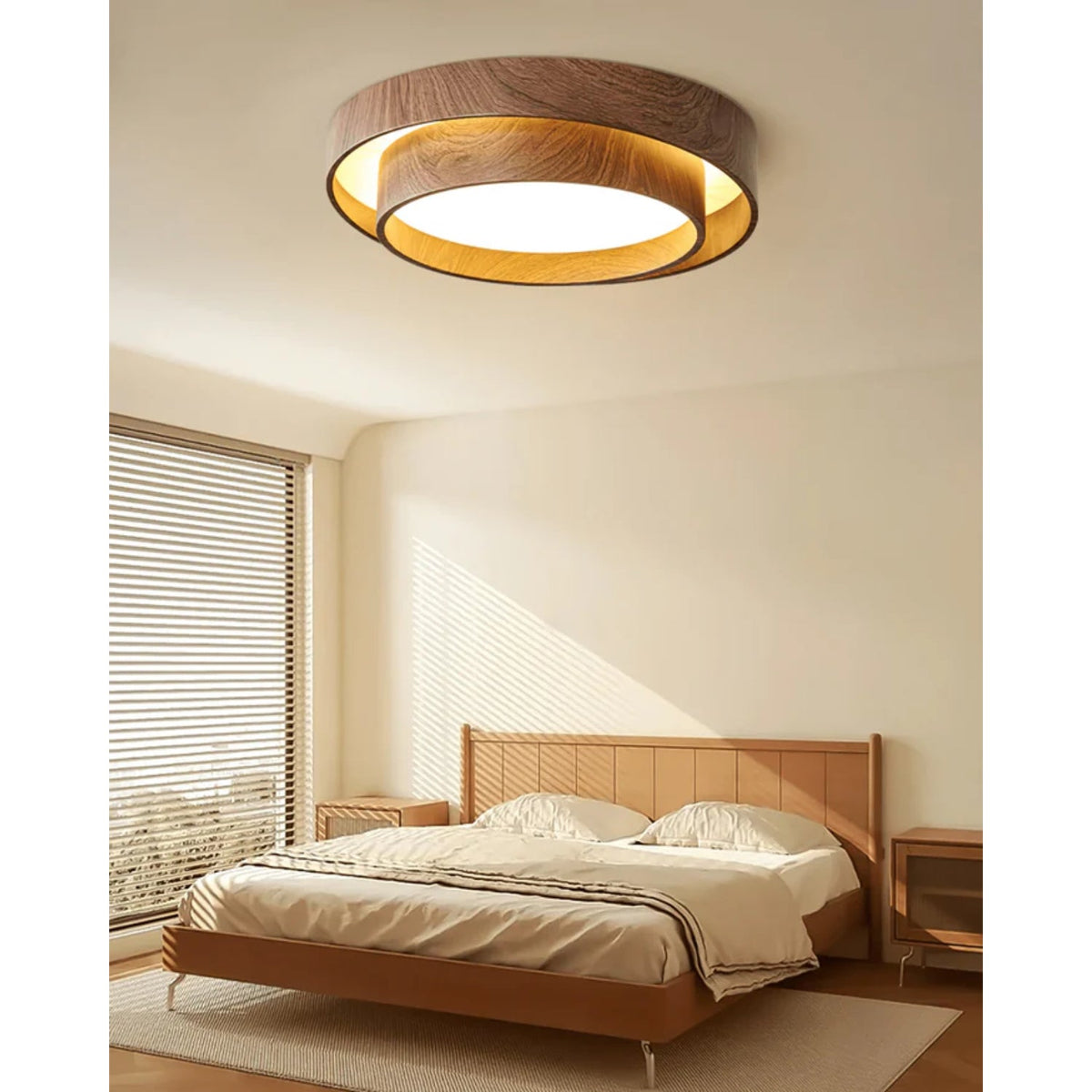 Flush Mount LED Fixture Walnut Grain Finish for Bedroom Living Room Dining Area Low Profile Overhead Lighting Scandinavian Modern Contempora