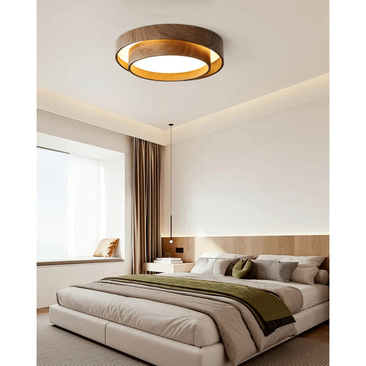 Plafonnier LED encastré finition noyer pour chambre, salon et salle à manger, éclairage plafonnier d'ambiance discret, style minimaliste contemporain