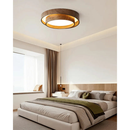 Plafonnier LED encastré finition noyer pour chambre, salon et salle à manger, éclairage plafonnier d'ambiance discret, style minimaliste contemporain