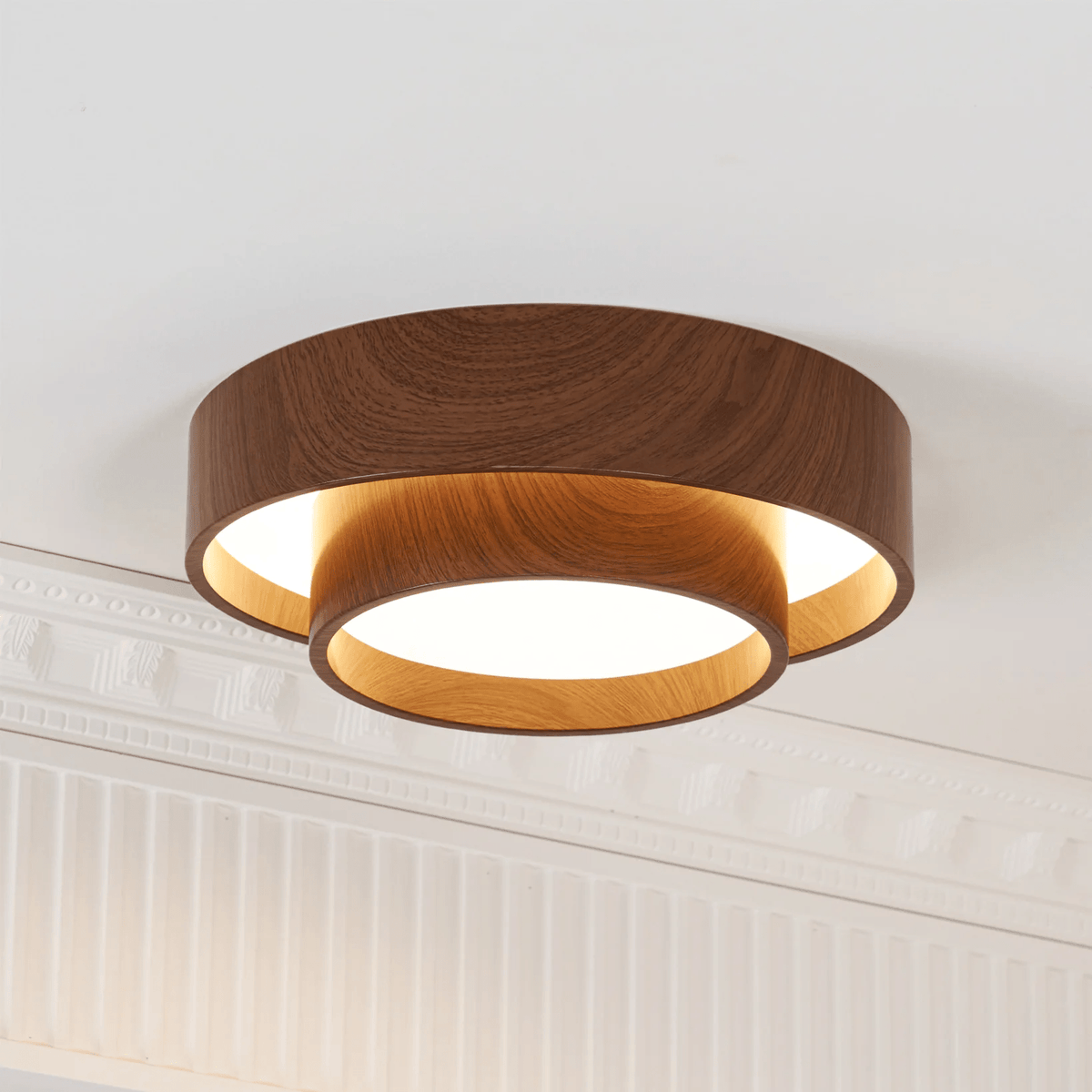 Plafonnier LED encastré finition noyer pour chambre, salon et salle à manger, éclairage plafonnier d'ambiance discret, style minimaliste contemporain